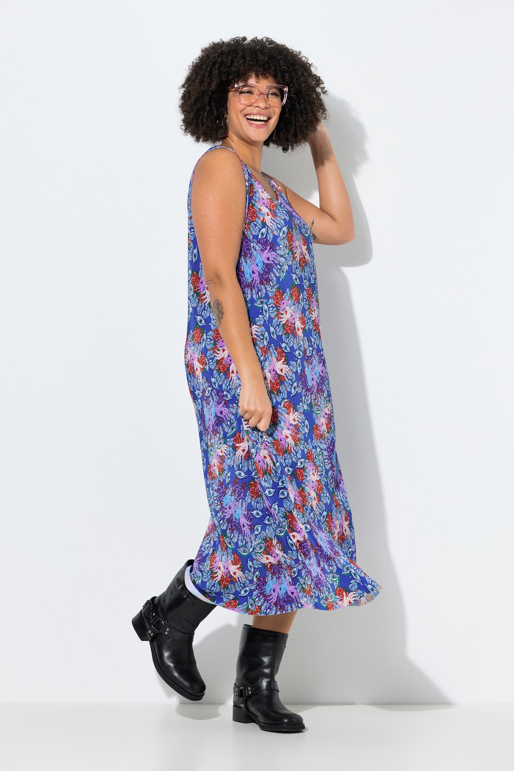 Plisseekleid, ärmellose A-Linie, Maxilänge, Rosenmuster