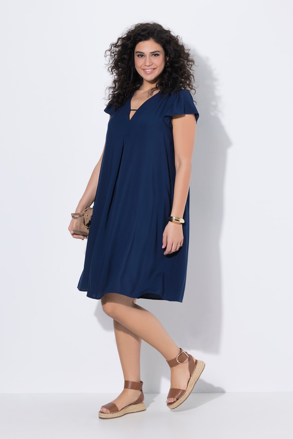 Kleid, A-Linie, V-Ausschnitt, Ärmelrüsche