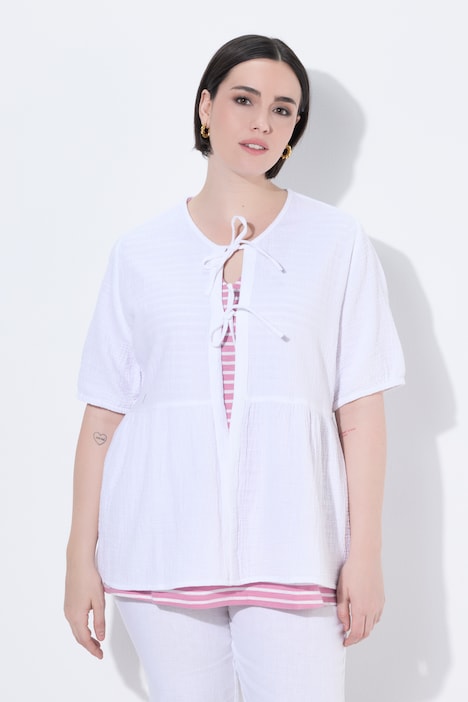 Musselin-Bluse, Schleifenverschluss, V-Ausschnitt, Halbarm