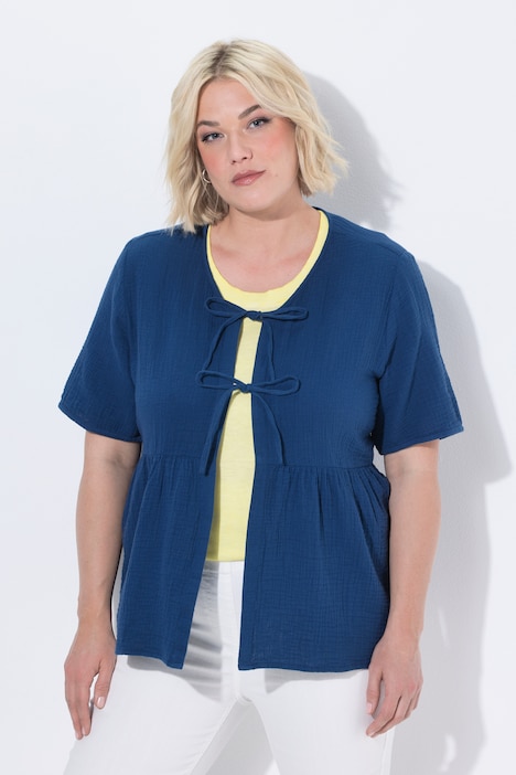 Blusa de muselina, cierre con lazo, escote en V, media manga