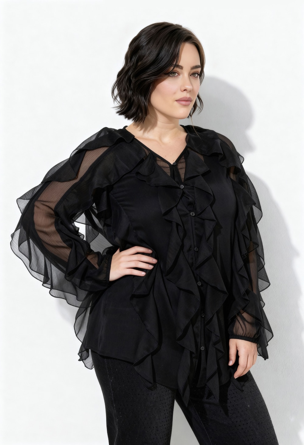 Bluse, Volants, A-Linie, V-Ausschnitt, Langarm