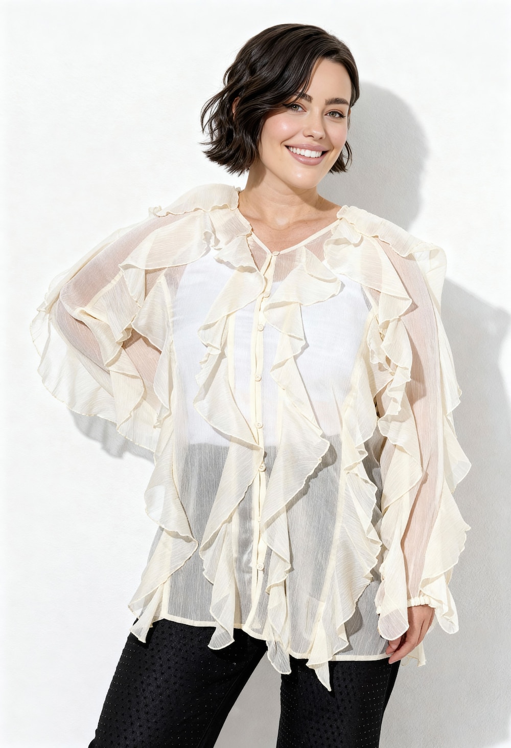 Bluse, Volants, A-Linie, V-Ausschnitt, Langarm