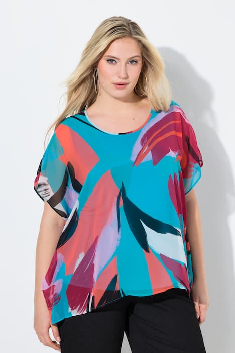 Chiffon-Tunika, doppellagig, Rundhals, Halbarm