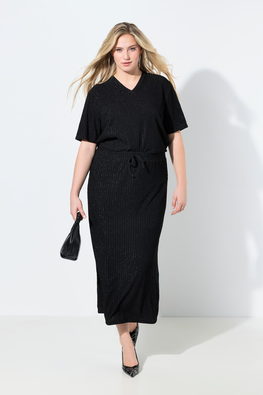 Maxi-rok, glittereffect, elastische tailleband, strikceintuur