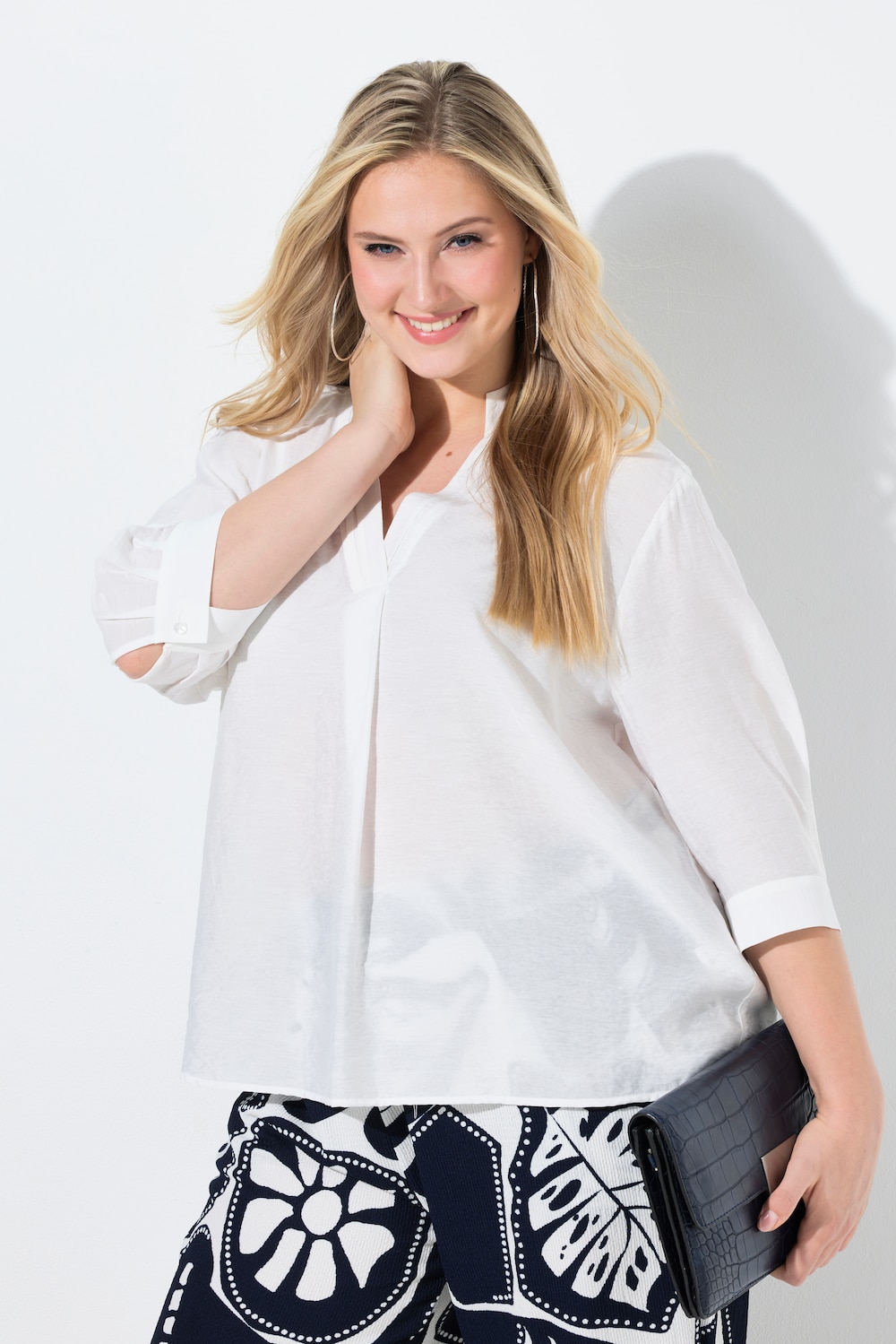 Tunika-Bluse, Biesen, Oversized, Stehkragen, 3/4-Arm
