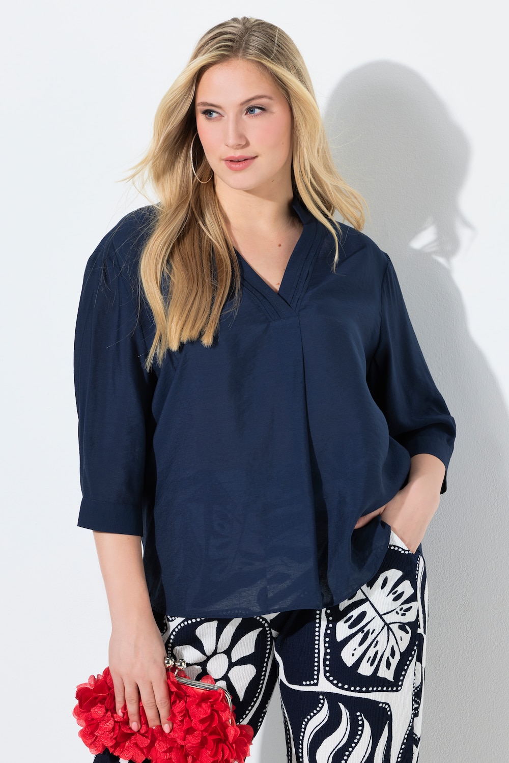 Tunika-Bluse, Biesen, Oversized, Stehkragen, 3/4-Arm