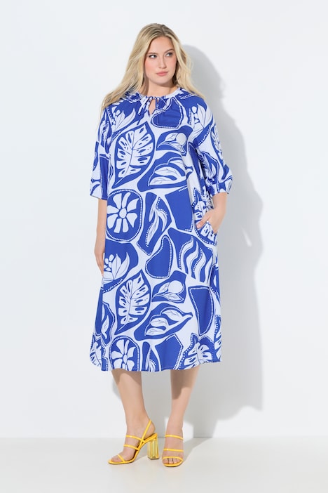 Midikleid, grafischer Druck, Tunika-Ausschnitt, 3/4-Arm