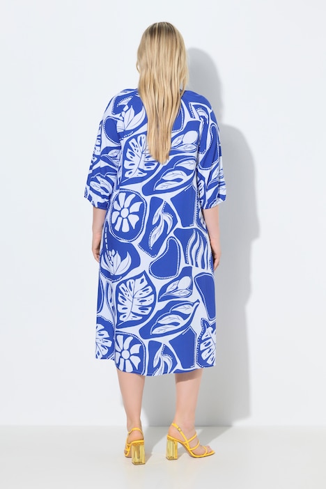 Midikleid, grafischer Druck, Tunika-Ausschnitt, 3/4-Arm