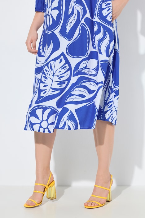 Midikleid, grafischer Druck, Tunika-Ausschnitt, 3/4-Arm