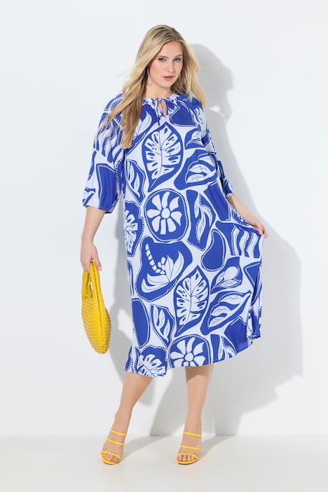 Midikleid, grafischer Druck, Tunika-Ausschnitt, 3/4-Arm