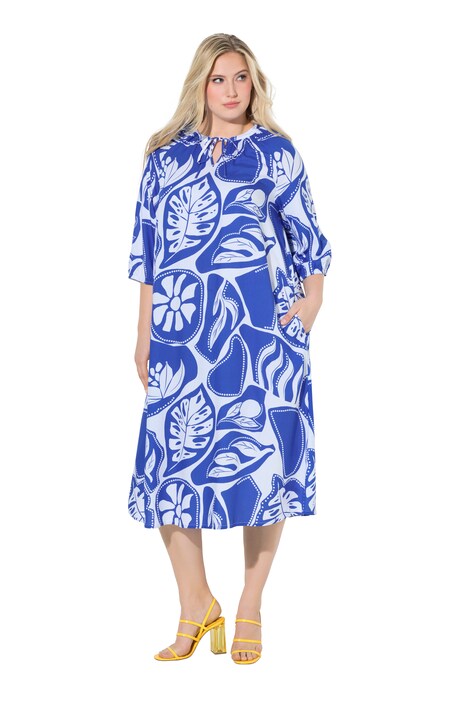 Midi šaty, grafický potisk, tunikový výstřih, 3/4 rukávy