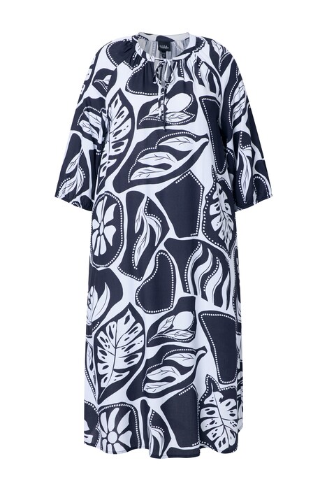 Midi šaty, grafický potisk, tunikový výstřih, 3/4 rukávy