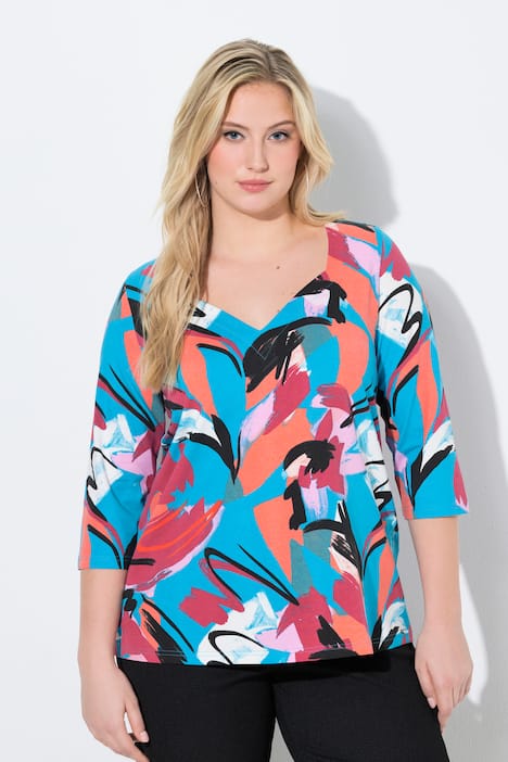 T-shirt, abstracte print, hartvormige hals, korte mouwen