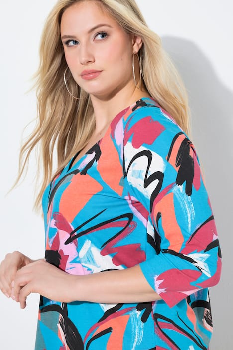 T-shirt, abstracte print, hartvormige hals, korte mouwen