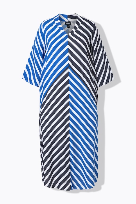 Maxi-Tunikakleid, Streifen, Kelchkragen, 3/4-Trompetenarm