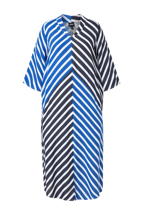 Tunikové maxi šaty, pruhy, kalichový límec, 3/4 trumpetový rukáv