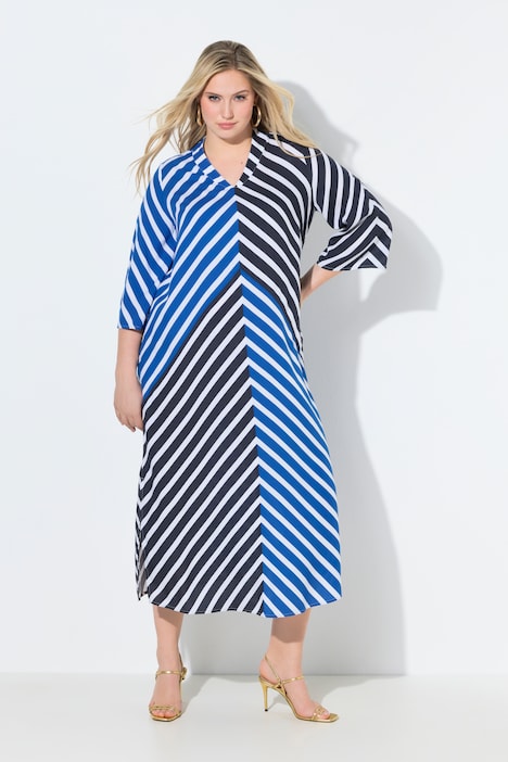 Maxi-Tunikakleid, Streifen, Kelchkragen, 3/4-Trompetenarm
