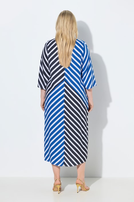 Maxi-Tunikakleid, Streifen, Kelchkragen, 3/4-Trompetenarm