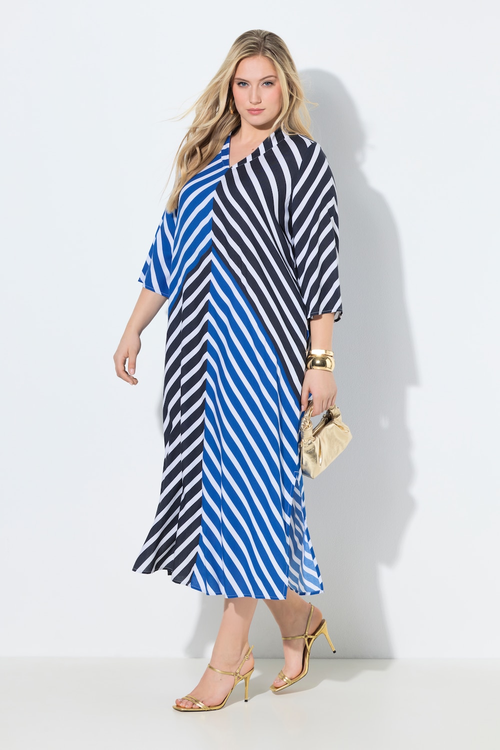 Maxi-Tunikakleid, Streifen, Kelchkragen, 3/4-Trompetenarm