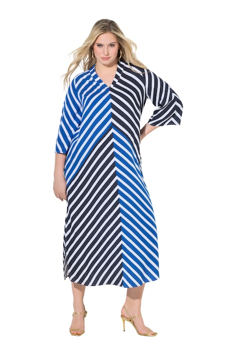 Tunikové maxi šaty, pruhy, kalichový límec, 3/4 trumpetový rukáv