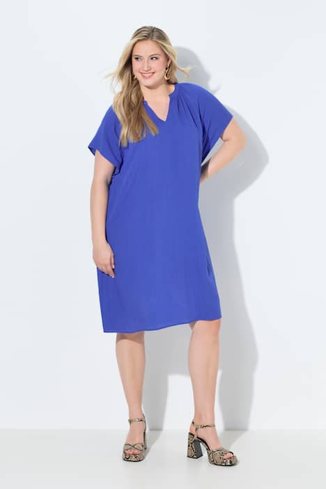 Kleid, Leinenoptik, Tunika-Ausschnitt, Flügelärmel