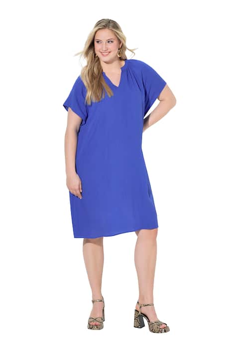 Šaty, lněný vzhled, tunikový výstřih, zvonové rukávy