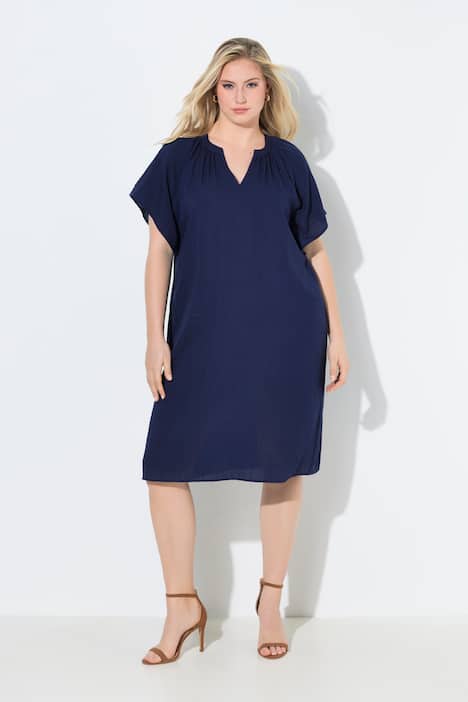 Kleid, Leinenoptik, Tunika-Ausschnitt, Flügelärmel