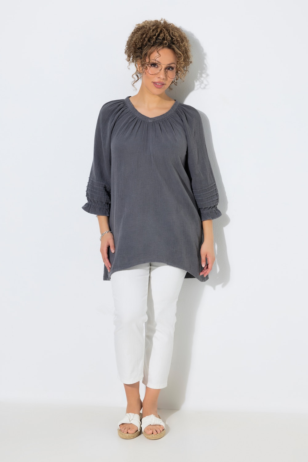 Musselin-Bluse, Biesen, A-Linie, V-Ausschnitt, 3/4-Arm