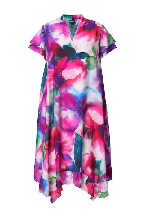 Midi šaty, akvarelový květinový vzor, áčkový střih, kalichový límec, krátké rukávy