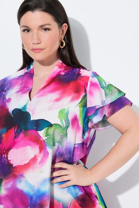 Midikleid, Aquarellblüten, A-Linie, Kelchkragen, Kurzarm