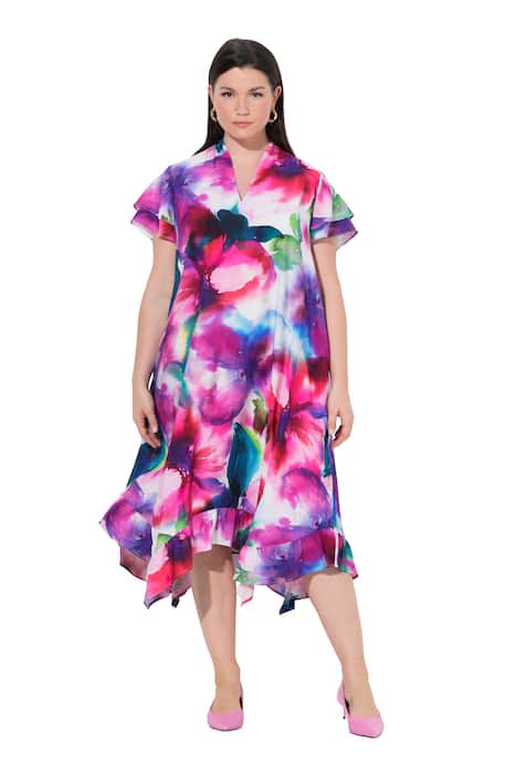 Midi šaty, akvarelový květinový vzor, áčkový střih, kalichový límec, krátké rukávy