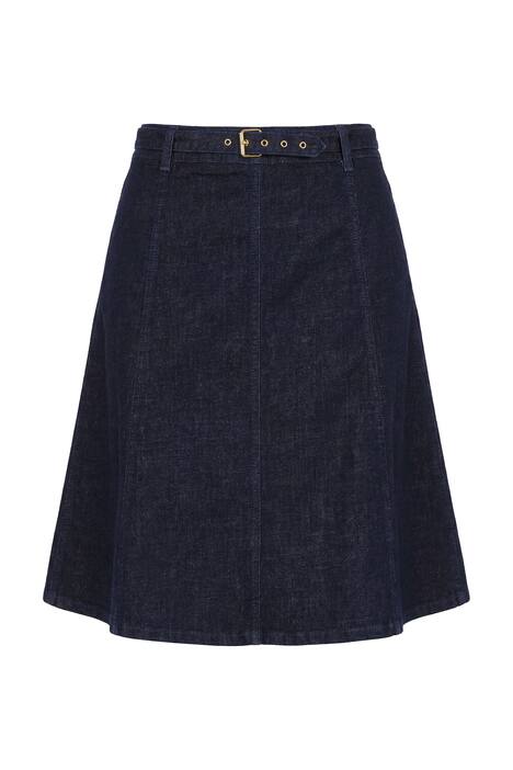 Džínovaná midi sukně, A střih, ozdobný pásek