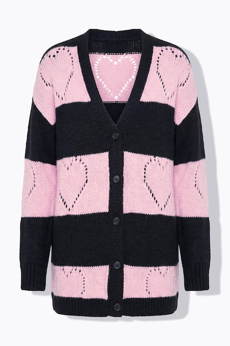 Strickjacke, Regular Fit, Blockstreifen, Herz-Muster