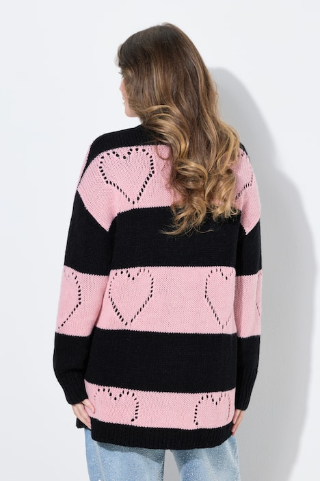 Strickjacke, Regular Fit, Blockstreifen, Herz-Muster