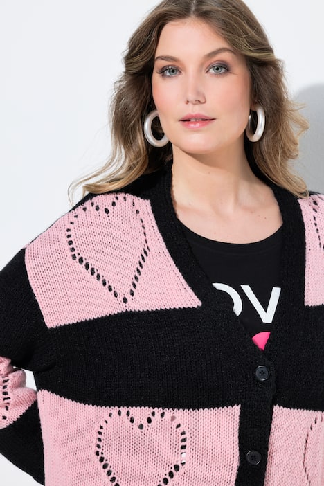 Strickjacke, Regular Fit, Blockstreifen, Herz-Muster