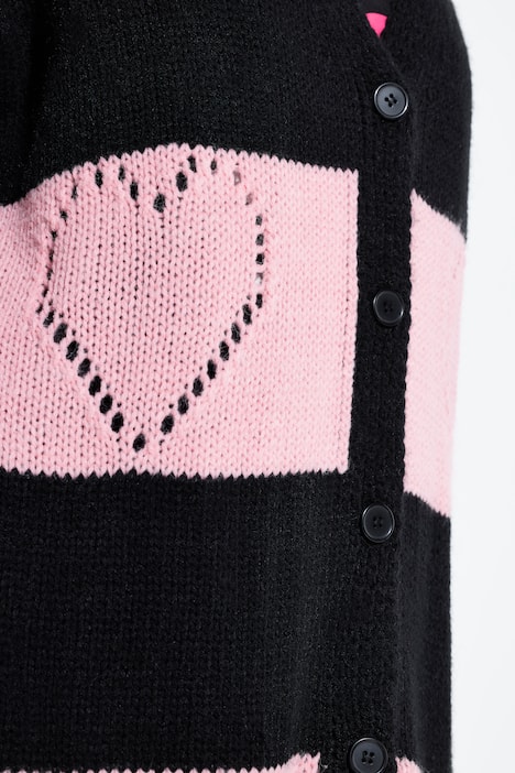 Strickjacke, Regular Fit, Blockstreifen, Herz-Muster