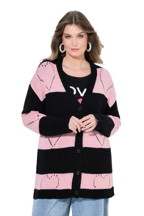 Rozepínací svetr, Regular střih, blokové pruhy, vzor srdce