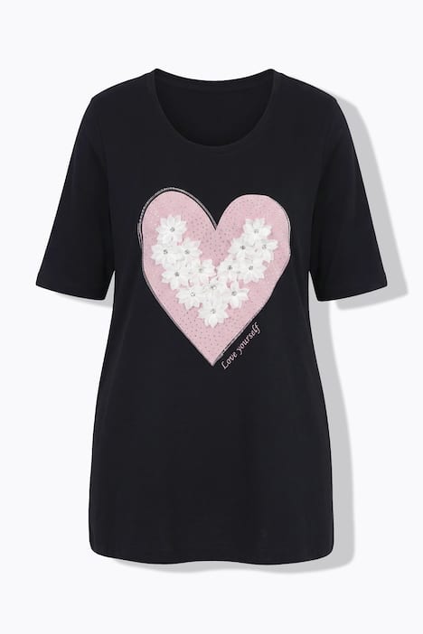 T-Shirt, A-Linie, Herz mit 3D-Blüten und Glitzer, Halbarm
