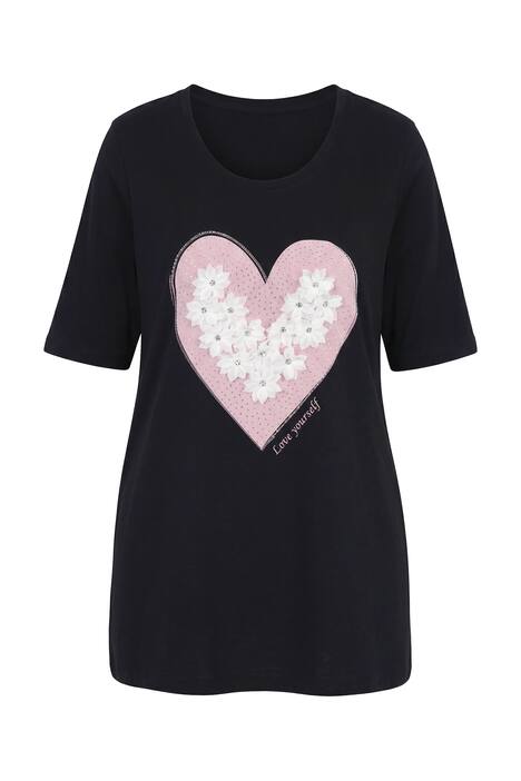 Tričko, A střih, srdce s 3D květy, třpytivé, krátké rukávy