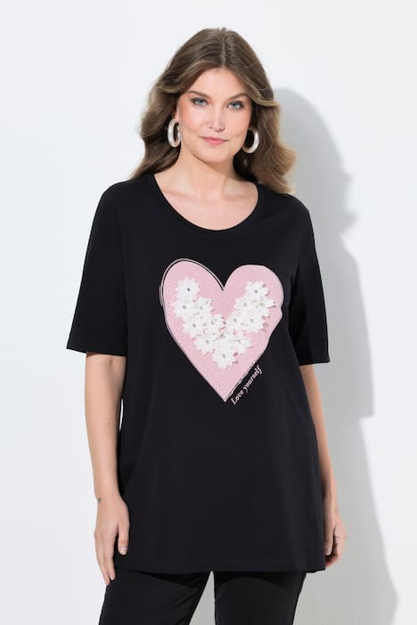T-Shirt, A-Linie, Herz mit 3D-Blüten und Glitzer, Halbarm
