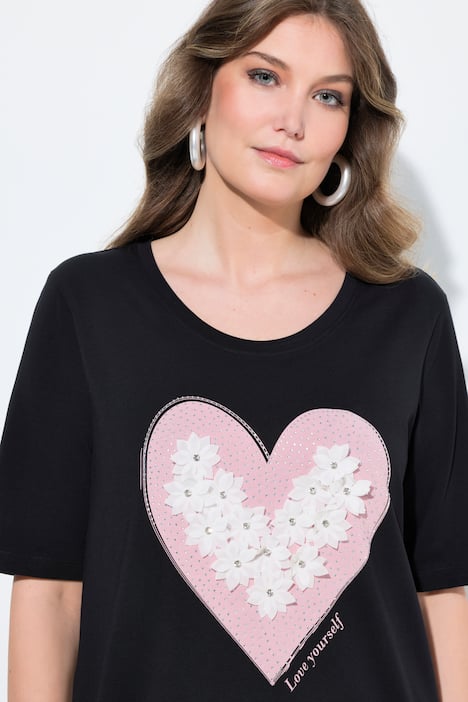 T-Shirt, A-Linie, Herz mit 3D-Blüten und Glitzer, Halbarm