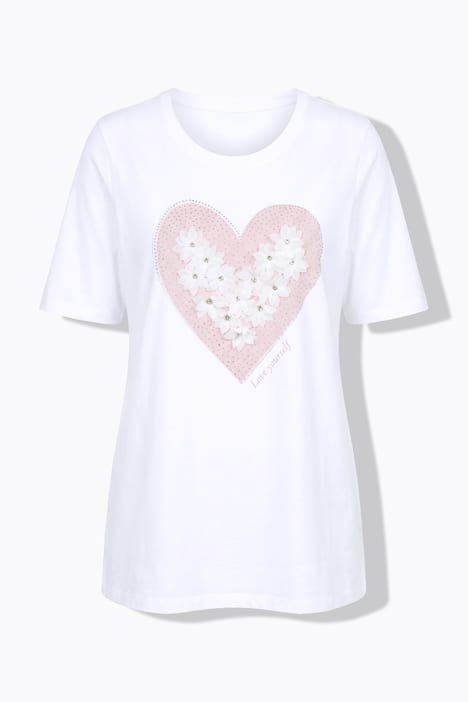 T-Shirt, A-Linie, Herz mit 3D-Blüten und Glitzer, Halbarm