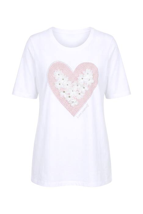 Tričko, A střih, srdce s 3D květy, třpytivé, krátké rukávy