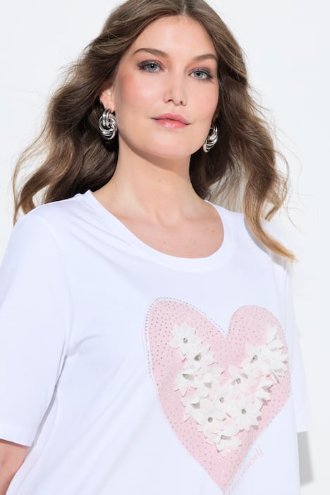 T-Shirt, A-Linie, Herz mit 3D-Blüten und Glitzer, Halbarm