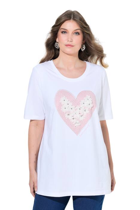 Tričko, A střih, srdce s 3D květy, třpytivé, krátké rukávy