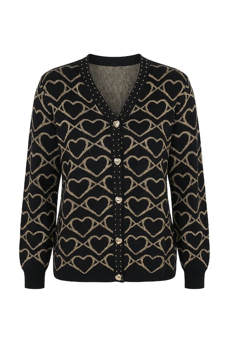 Rozepínací svetr, rovný střih, zlatý srdcový vzor, ozdobný nýty