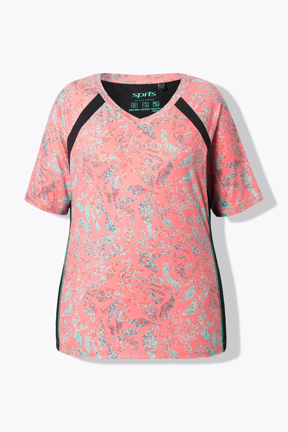 T-Shirt, Blätter, Mesh, V-Ausschnitt, Halbarm, recycelt