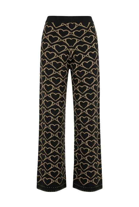 Úpletové kalhoty, široké nohavice, zlatý vzor srdcí, ozdobné nýty