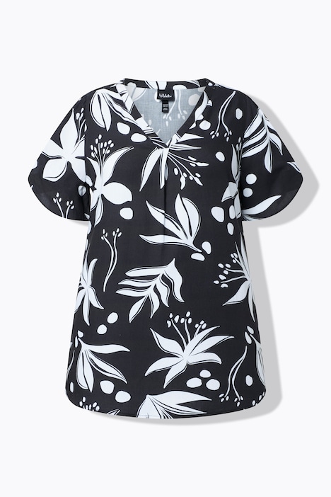 Blusa, flores, escote en V, pliegues decorativos, media manga