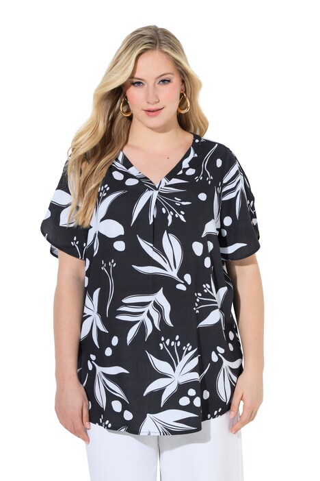 Halenka, květinový potisk, V výstřih, ozdobný záhyb, polodlouhý rukáv